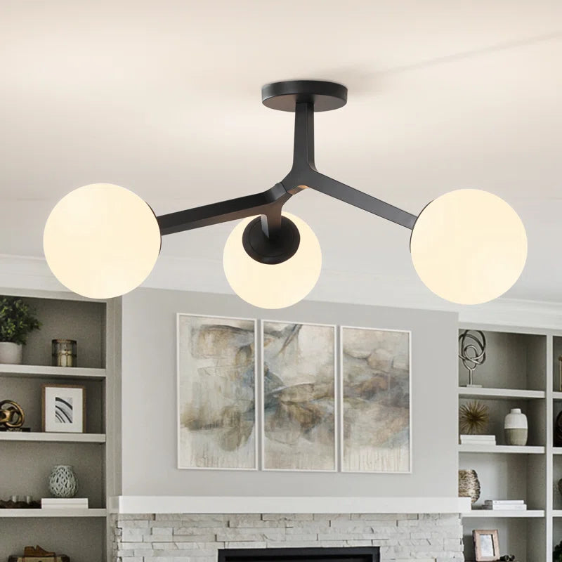 31.5 in. 3-Light Matte Black Modern Semi-Flush Mount With Milky Frosted Glass Shade Mid Century Sputnik Light Fixture