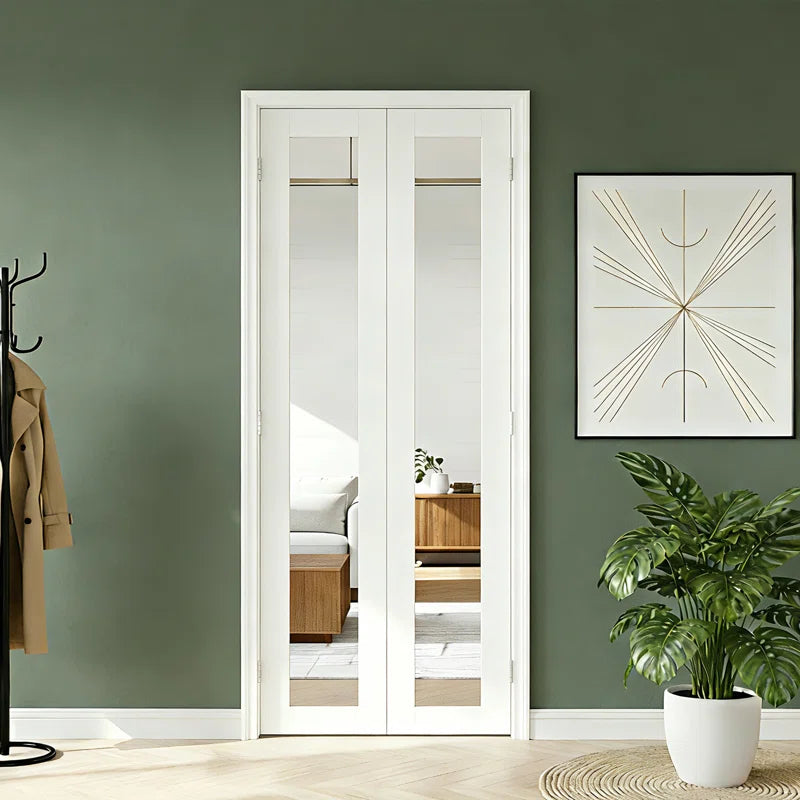 Compack 180 Bi-Fold Door:Full Lite Mirrored White MDF,PVC Covering,Accordion Door With Hardware Set 36x80