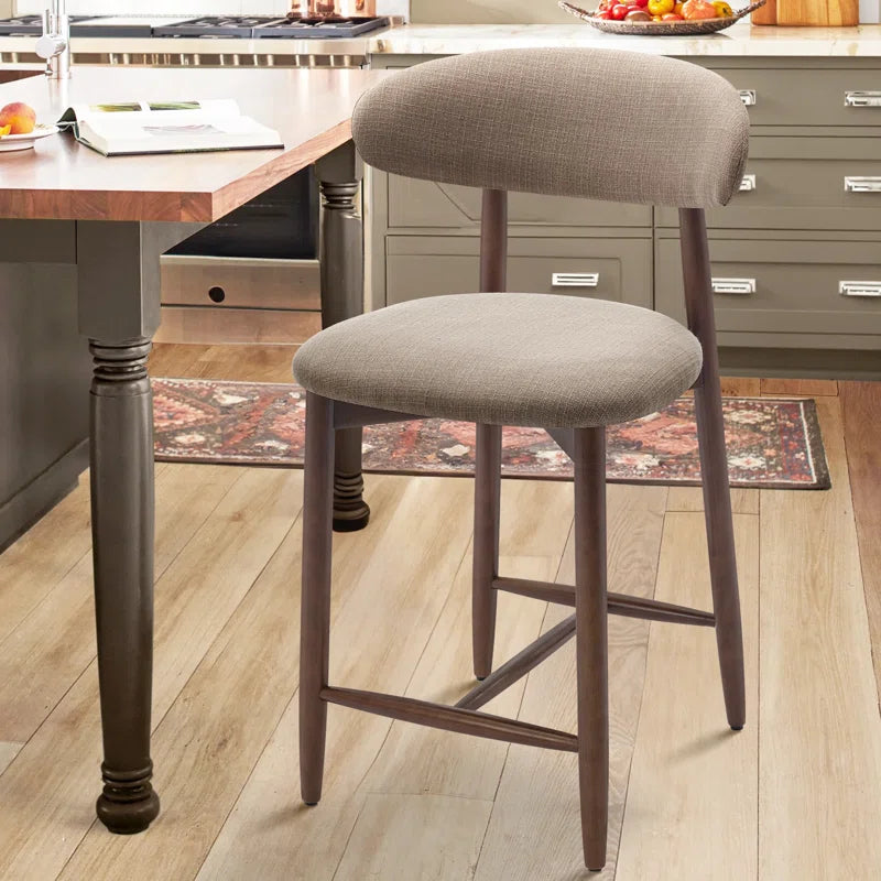 25'' Upholstered Counter Stool with Curved Back and Solid Wood Base Camel