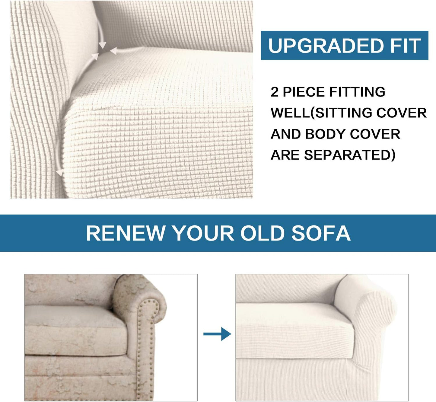 H.VERSAILTEX High Stretch Rich Jacquard 2-Piece Sofa Cover/Loveseat 2 Seater, Oatmeal