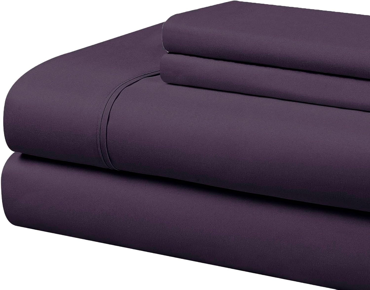 Cathay Home 4 Pieces Classic Sheet Set, Ultra Soft, Breathable, Hypoallergenic, Wrinkle Resistant, Easy Care Bedding Set with 1 Fitted Sheet, 1 Flat Sheet, 2 Pillowcases (Queen, Eggplant)