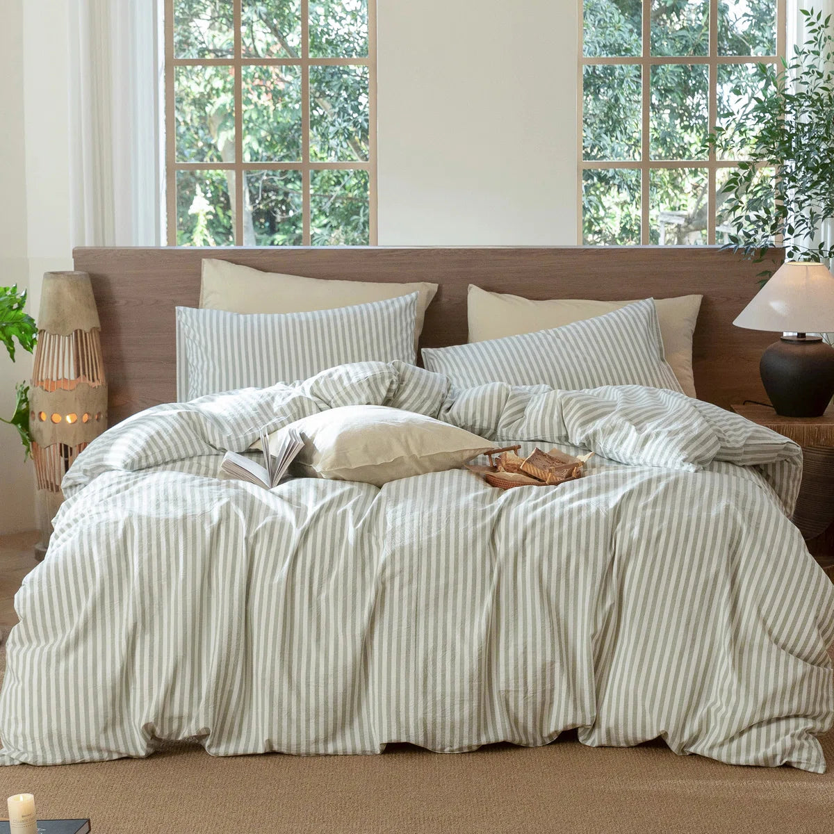 MooMee King Bedding Duvet Cover Set Striped 100% Washed Cotton Linen Like Textured Breathable Durable Soft Comfy (Sage Green White Stripe)