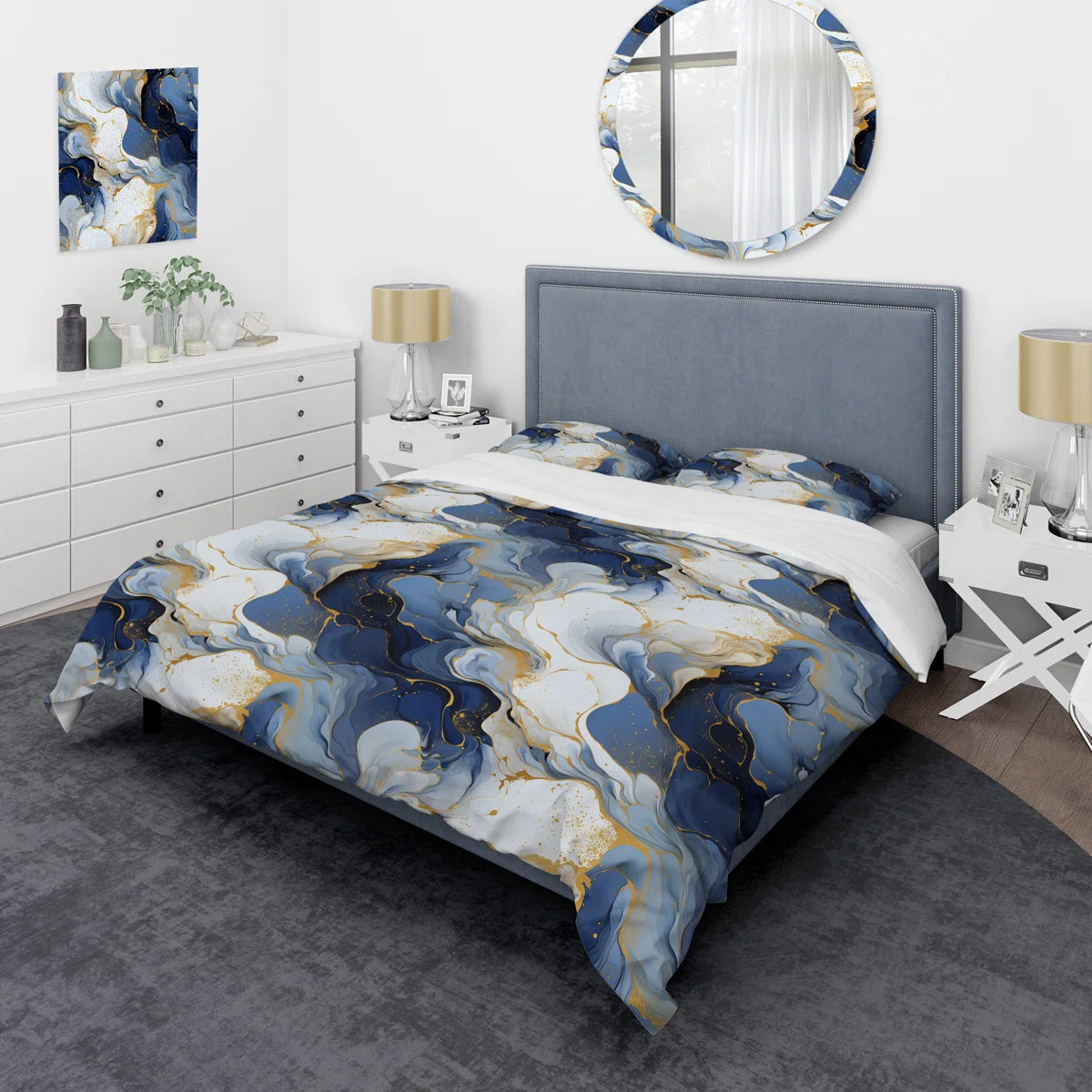 Celestial King Size Gold And Blue Marble Pattern III - Marble Duvet Cover Set