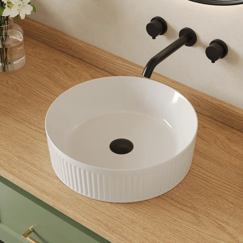 Deervalley 16" X 16" Round White Ceramic Vessel Sink Bathroom Sink With Wavy Texture Design DV-1V0320