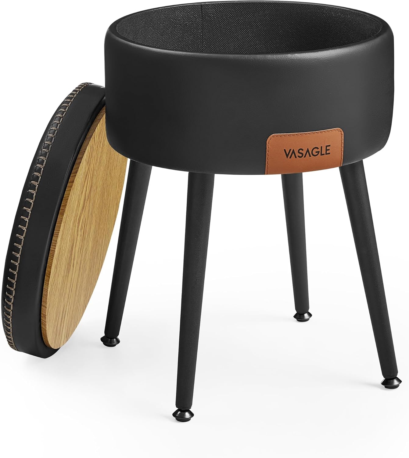 EKHO Collection - Storage Ottoman, Vanity Chair Stool, Synthetic Leather with Stitching, Mid-Century Modern, Round Storage Seat with Steel Legs, Loads 330 lb, Ink Black