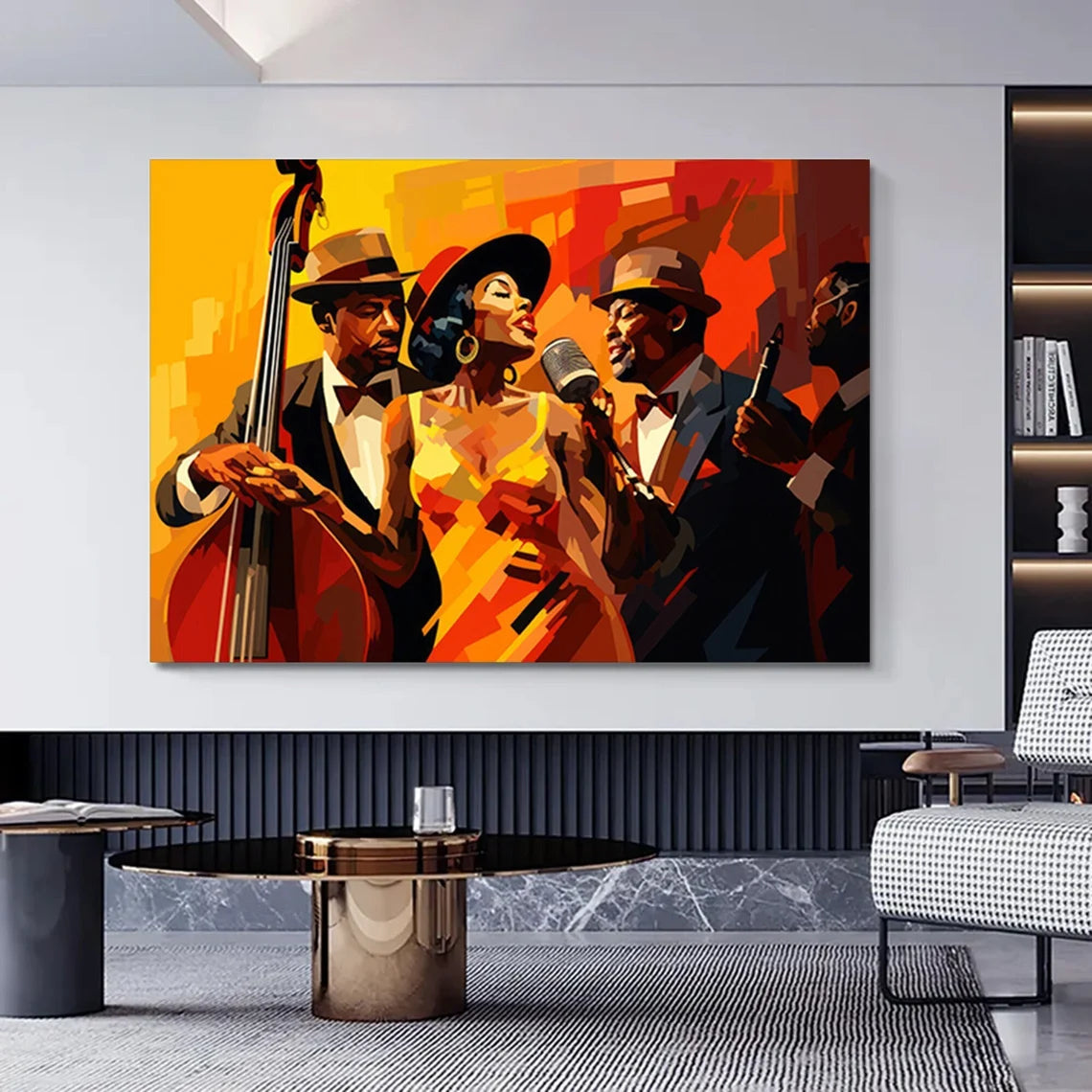 Abstract Retro canvas wall art of people playing music,Jazz canvas print