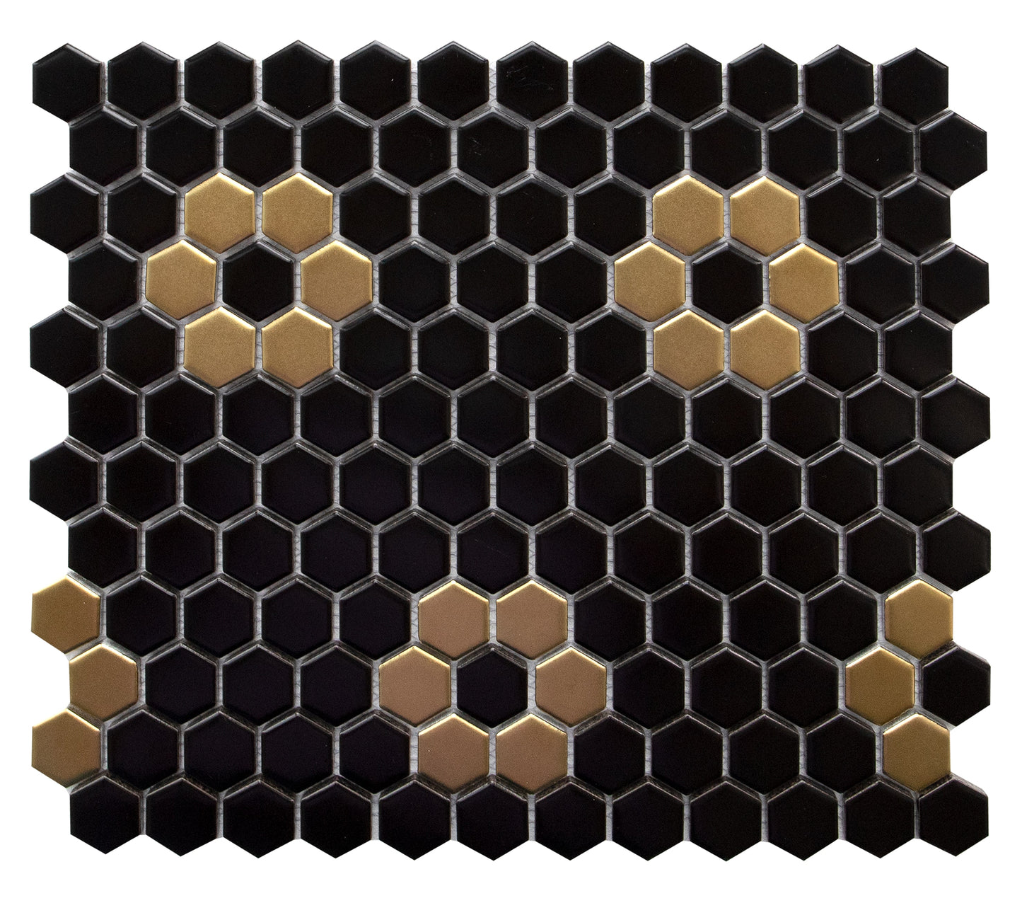 1" Hexagon black with metallic gold flower, matte