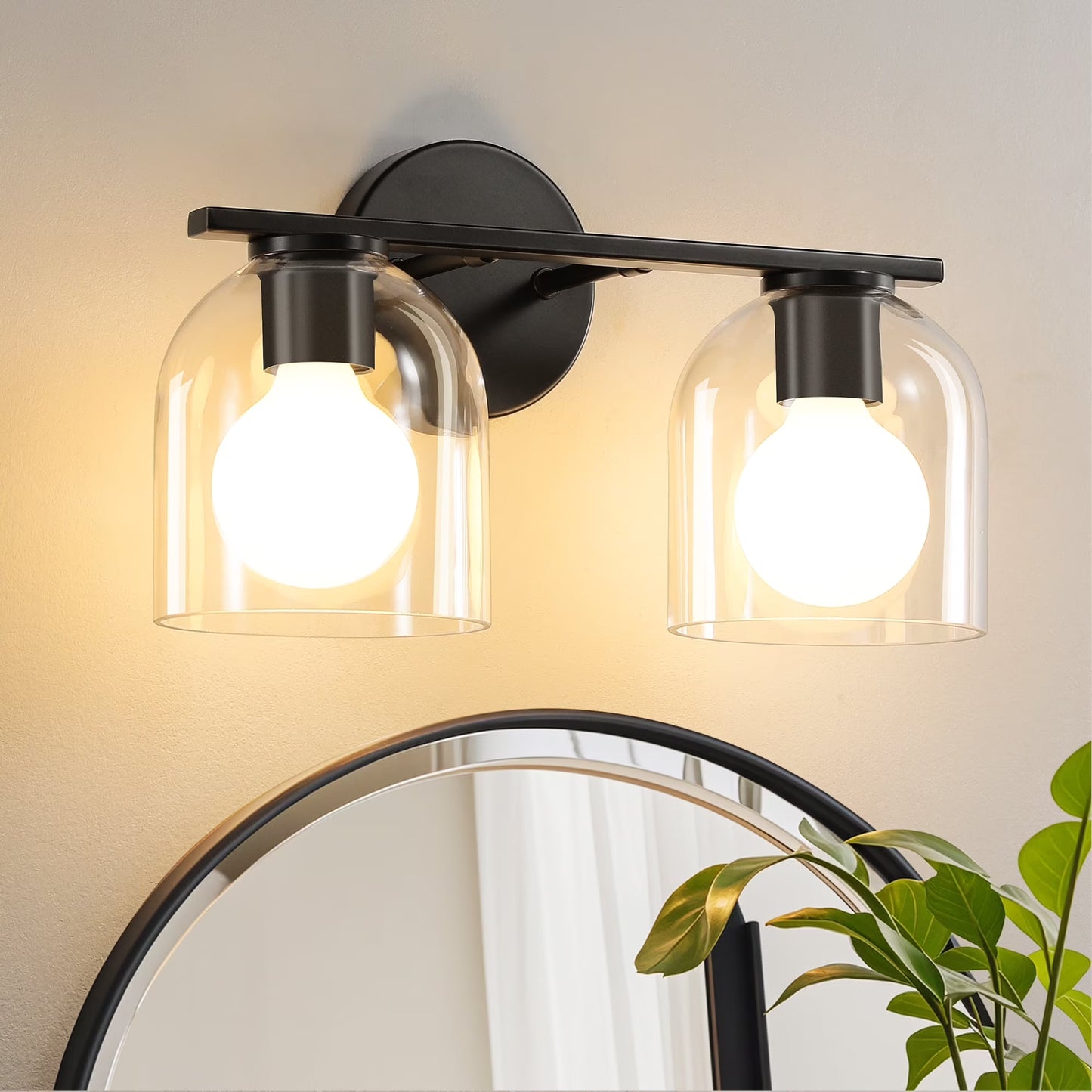 14 in. 2-Light Modern Black Vanity Light with Clear Glass Shade Farmhouse Wall Sconce