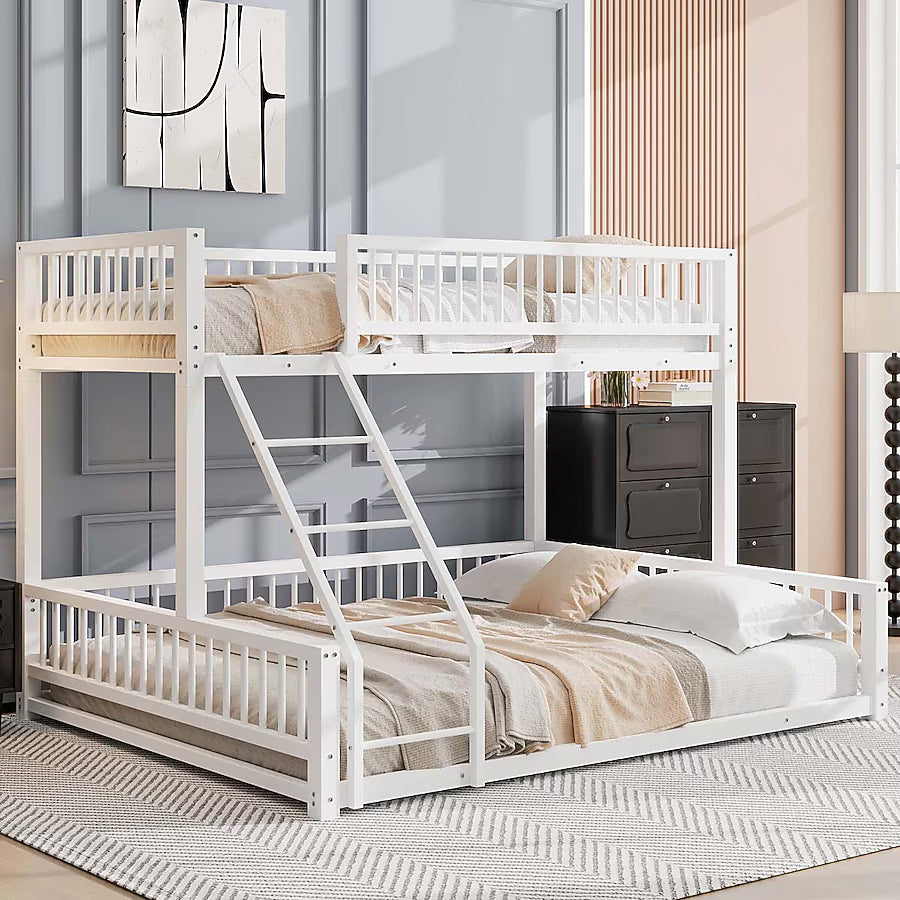 Full XL over Queen Floor Bunk Bed Frame with Ladder and Safety Guardrails