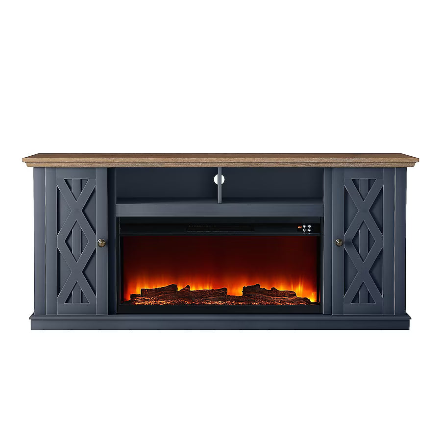 68 in. Freestanding TV Stand in Saw Cut Off Navy Blue with Dark Wood Desktop