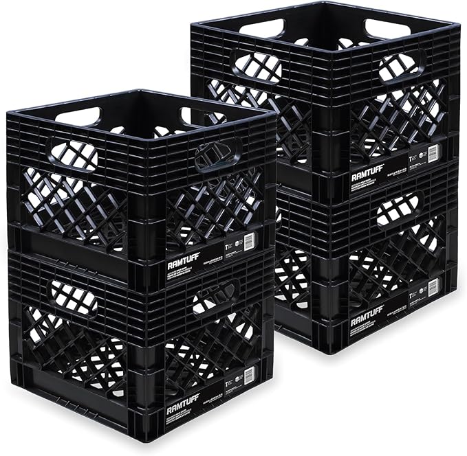 New Milk Crate 4-Pack, Built Tough, 250lbs Load Capacity (BV Certified), Weather Tested -22°F to 122°F, 13" L x 13" W x 11" H
