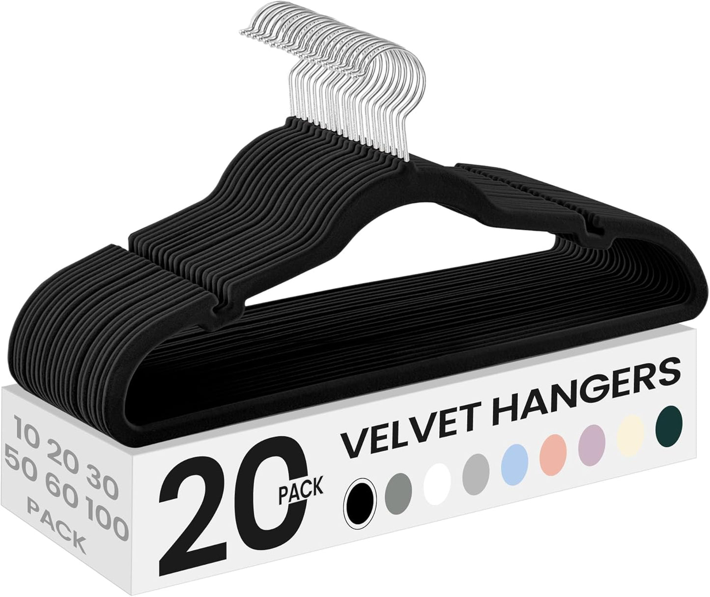 Velvet Hangers, Non-Slip Clothes Hangers with Shoulder Notches, Pants Bar, 360° Swivel Hook, Space-Saving, for Closet, 20 Pack, Ink Black