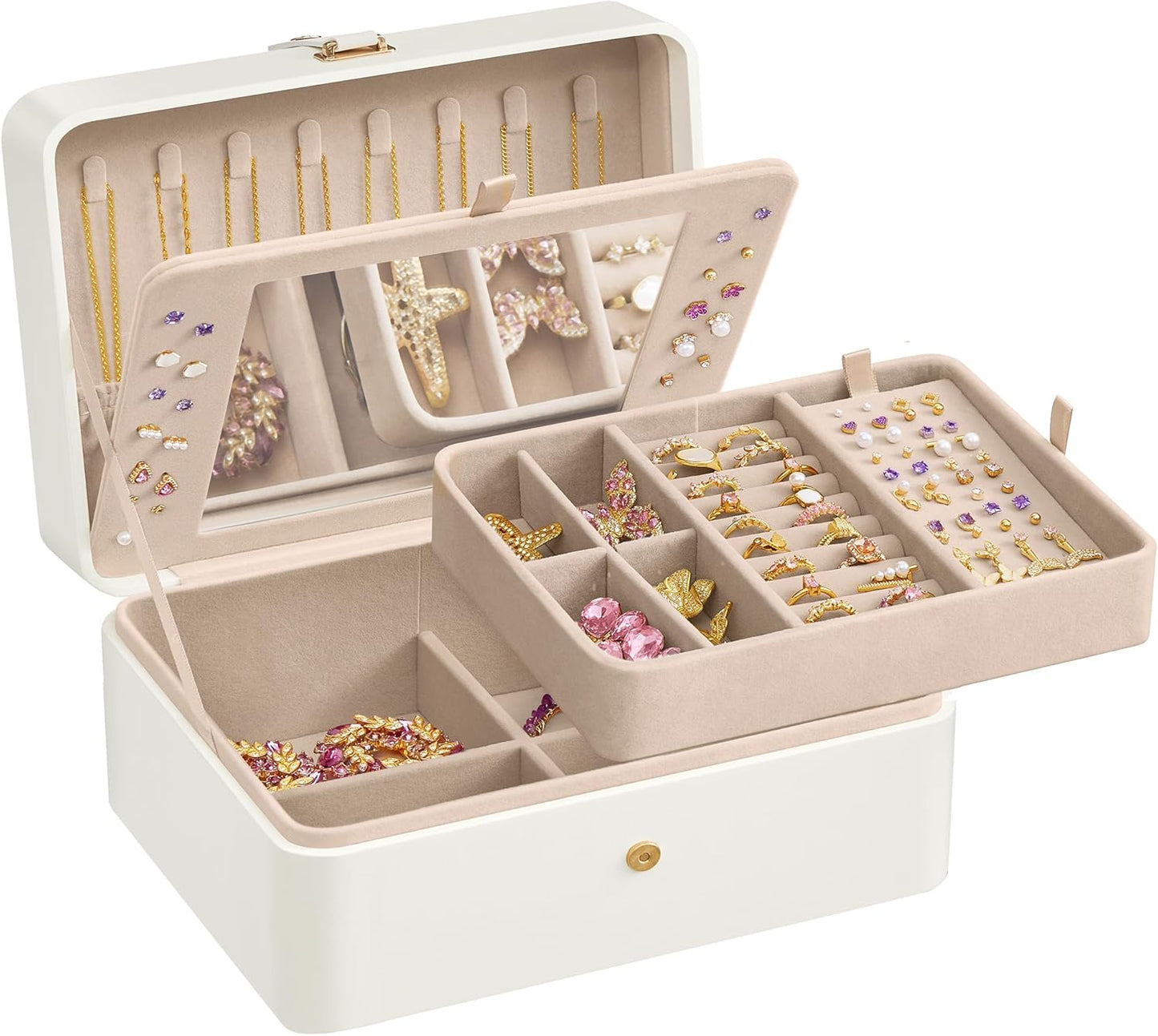Jewelry Box Organizer with Mirror, 2-Layer Jewelry Holder Case, Removable Tray, Cloud White