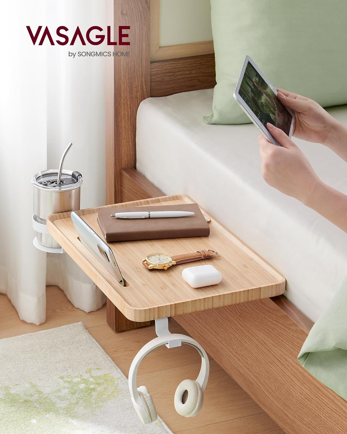 Bedside Shelf for Top Bunk Bed, College Dorm Room Essentials, Bedside Tray with Phone Slot, Cup Holder, Hook, Clamps