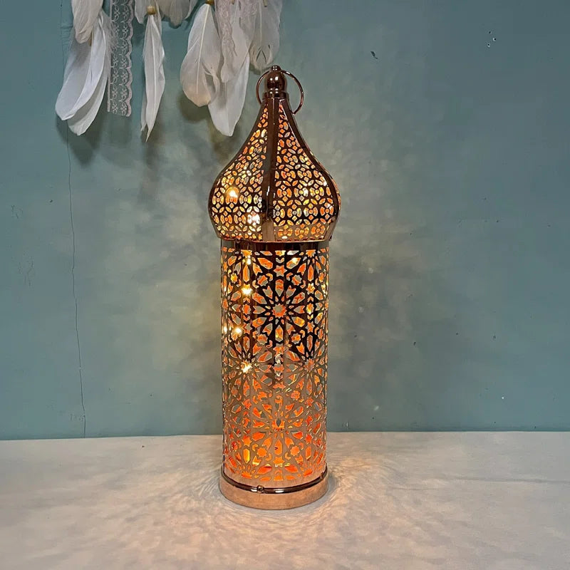 Moroccan Style Temple Hollow Iron Lantern, Vintage Ramadan Lamp Battery Operated
