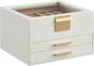 Jewelry Box Organizer, 3-Layer Jewelry Storage with 2 Drawers, Shiny Metal Hardware, Glass Lid, Modern, 20.3 x 23.1 x 13.5 cm, Cloud White and Gold Color