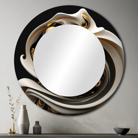 Black and White Liquid Stained Glass V Modern Round Mirror 29"