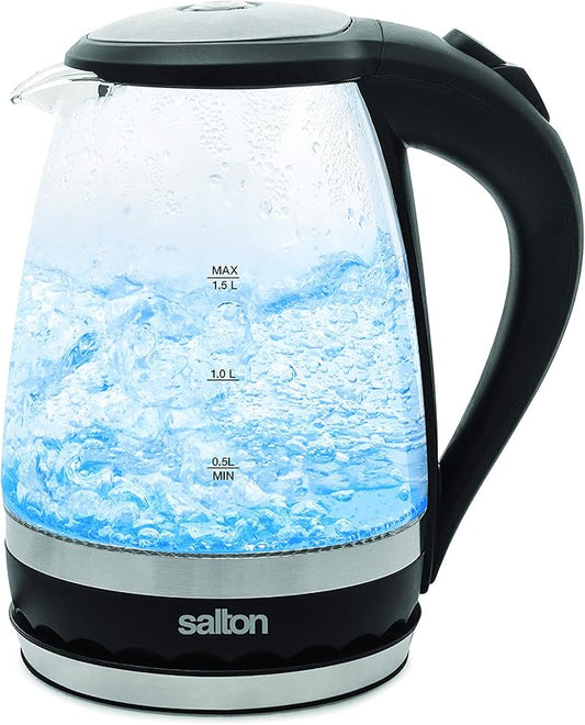 Salton Cordless Electric Glass Kettle - Compact 1.5L/Quart Water Boiler and Tea Heater with Automatic Shut-Off and Boil-Dry Protection