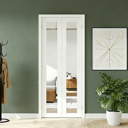 Compack 180 Bi-Fold Door:Full Lite Mirrored White MDF,PVC Covering,Accordion Door With Hardware Set 36x80