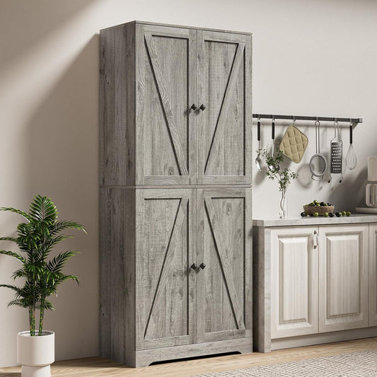 LYNSOM Farmhouse Storage Cabinet 72" Tall, Kitchen Pantry Cabinet with 4 Barn Doors and Adjustable Shelves