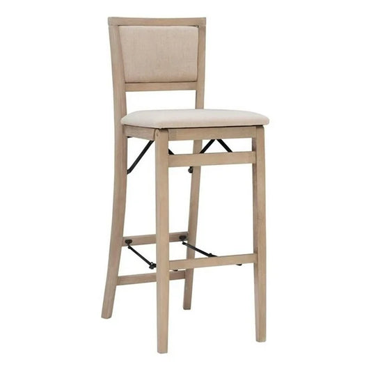 Folding Bar Stool with Fabric Padded Seat and Back in Graywash Wood