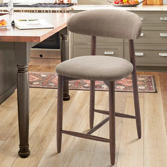 25'' Upholstered Counter Stool with Curved Back and Solid Wood Base Camel