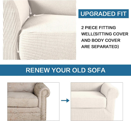 H.VERSAILTEX High Stretch Rich Jacquard 2-Piece Sofa Cover/Loveseat  2 Seater, Oatmeal