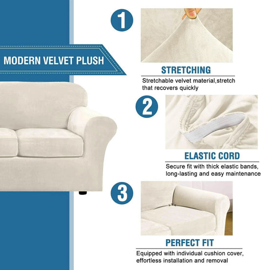 Soft Velvet Plush 3 Piece Stretch Loveseat Soft Slipcover Ivory