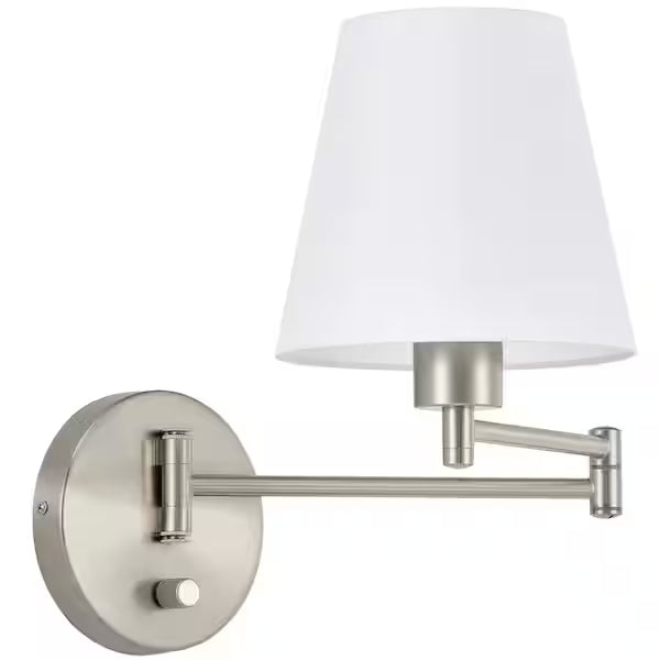 Modern 1-Light Nickel Plug-In/Hardwired Swing Arm Wall Lamp with Fabric Shade