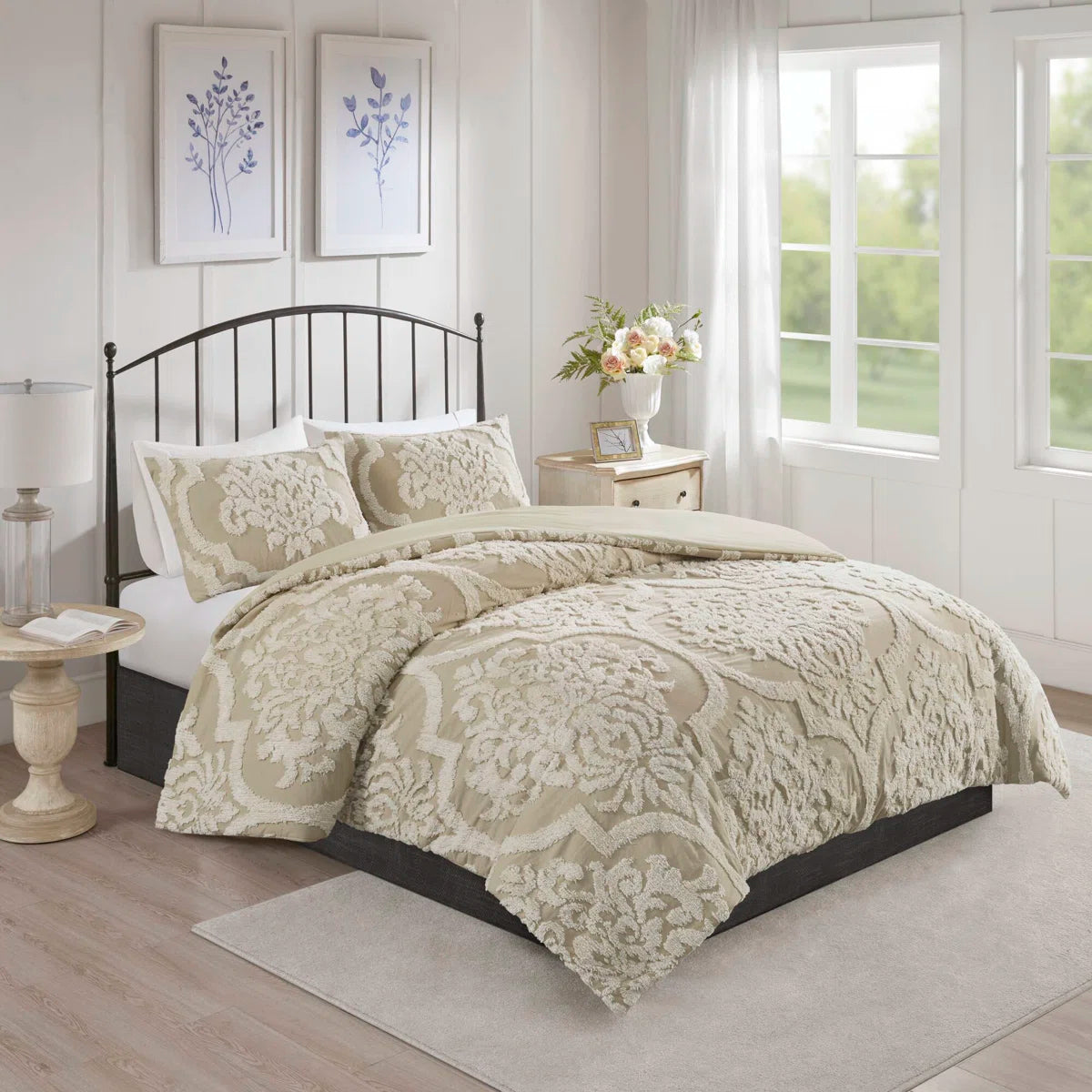 Viola Tufted Cotton Chenille Damask 3 Piece King Size Duvet Set - Beige