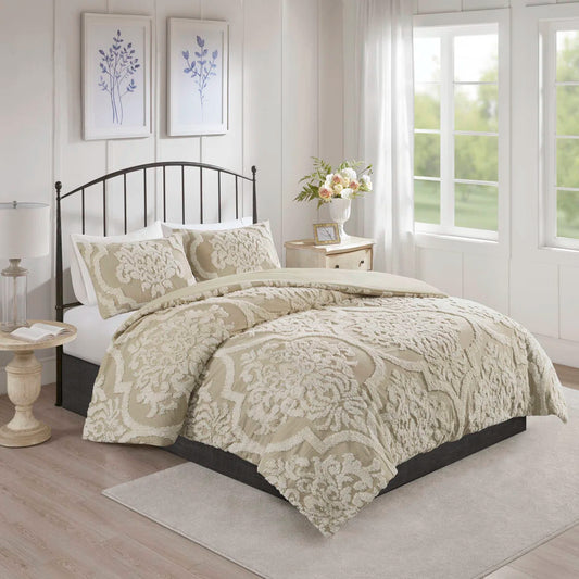 Viola Tufted Cotton Chenille Damask 3 Piece King Size Duvet Set - Beige