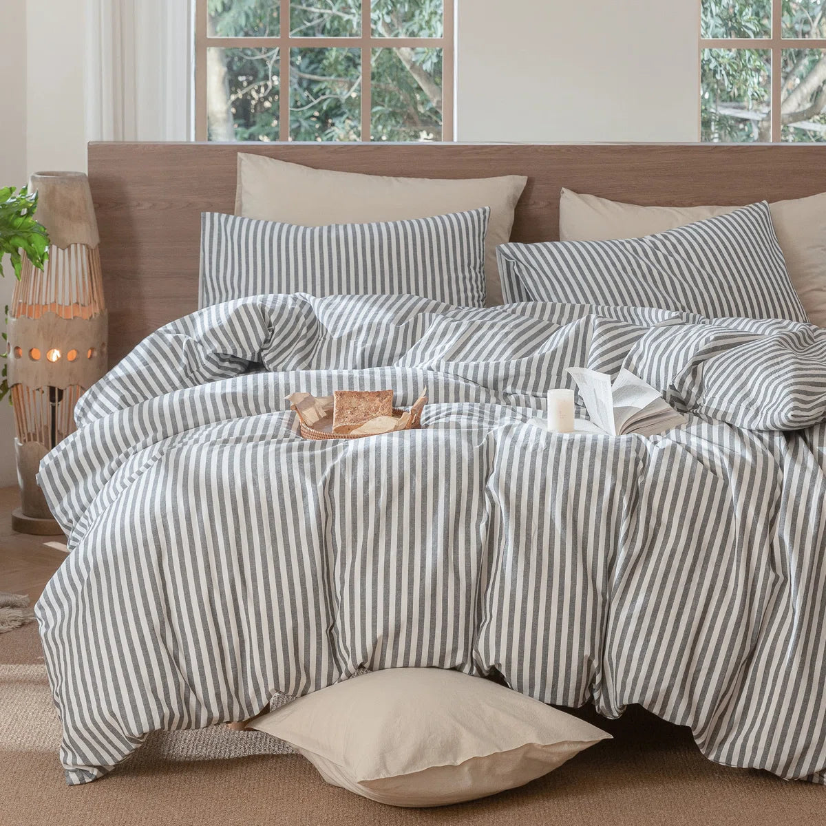 MooMee Full Striped Duvet Cover Set 100% Washed Cotton Linen Like Textile
