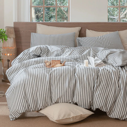 MooMee Full Striped Duvet Cover Set 100% Washed Cotton Linen Like Textile