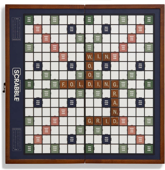 Scrabble Grand Folding Edition - Oversized Rotating Game Board with Wood Frame, Raised Grid, Wooden Tiles, and Storage