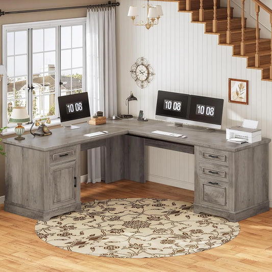 Farmhouse Executive L Shaped Desk, Home Office Desk With File Drawer