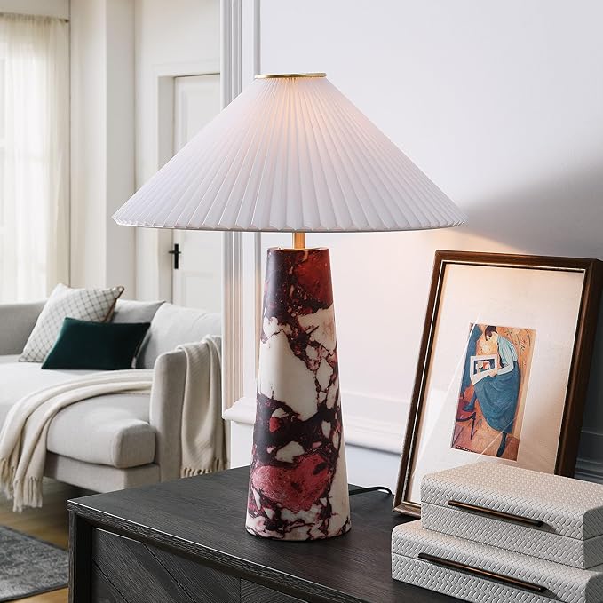 Nera Table Lamp with Marble Pattern in Red - Modern Accent Lamp with Pleated Fabric Shade and Matte Brushed Metal Plate