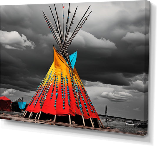 Native American Art Wall Art, Soulful Connections Colorful and Grey Native Tipi, 24x32 inches
