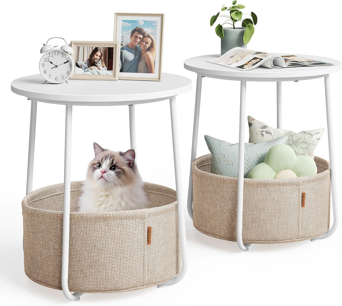 Nightstands, Set of 2 Small Round Side Tables with Fabric Basket