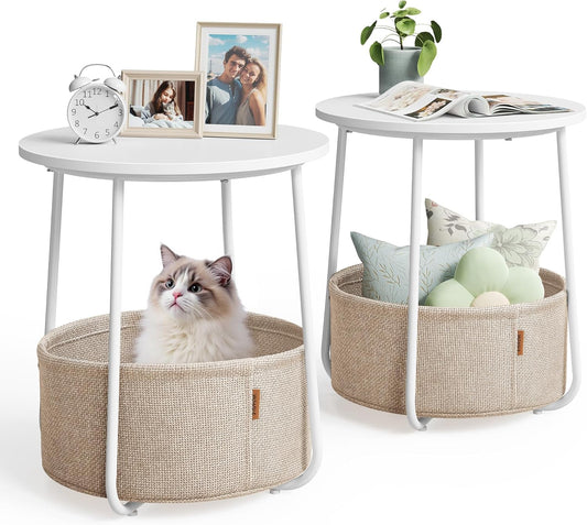 Nightstands, Set of 2 Small Round Side Tables with Fabric Basket