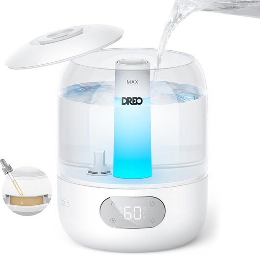 DREO 3L Top Fill 30H & 26dB Quiet Cool Mist Air Humidifier, Nightlight, Humidity Sensor, 360° Nozzle