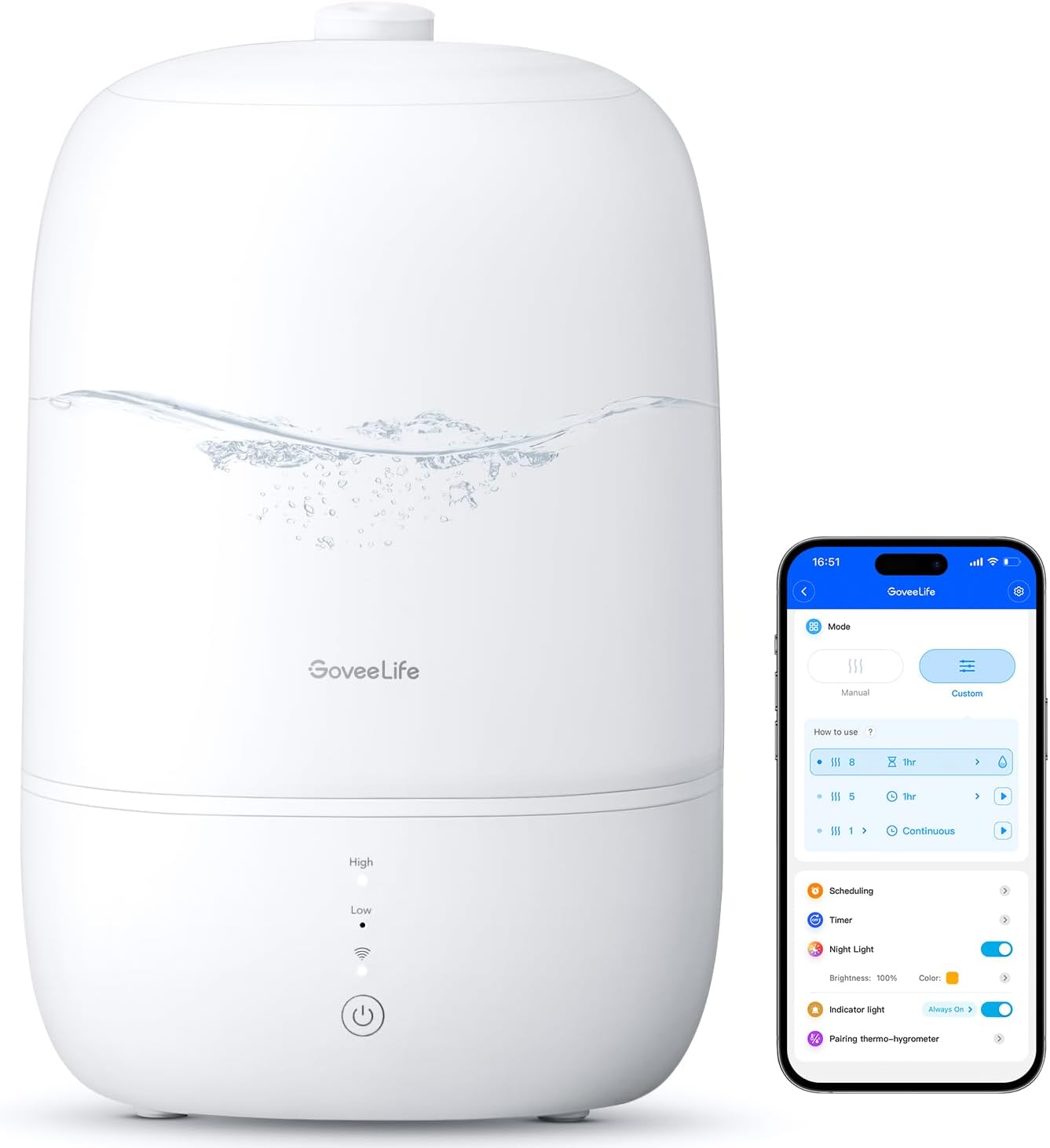 GoveeLife Smart 3L Humidifiers, Top Fill Cool Mist with Essential Oil Diffuser, Humidity Control, WiFi Air Humidifier with Night Light, 360° Nozzle