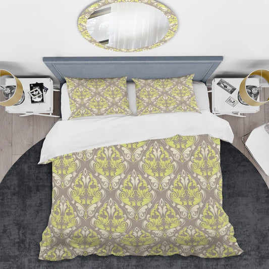Queen Grey And Yellow Damask Damask Duvet Cover