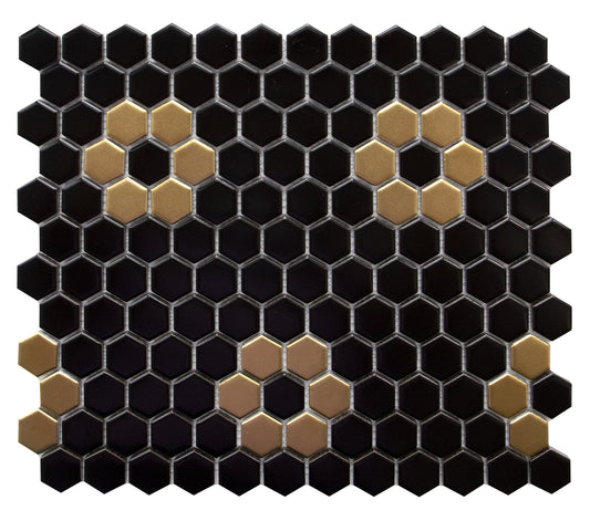 1" Hexagon black with metallic gold flower, matte