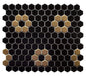 1" Hexagon black with metallic gold flower, matte
