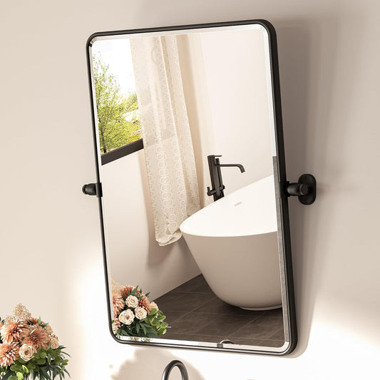 TETOTE Pivot Mirror for Bathroom 20 x 30 Matte Black Tilt Rectangle Metal Framed Vanity Mirror