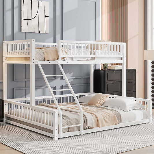 Full XL over Queen Floor Bunk Bed Frame with Ladder and Safety Guardrails