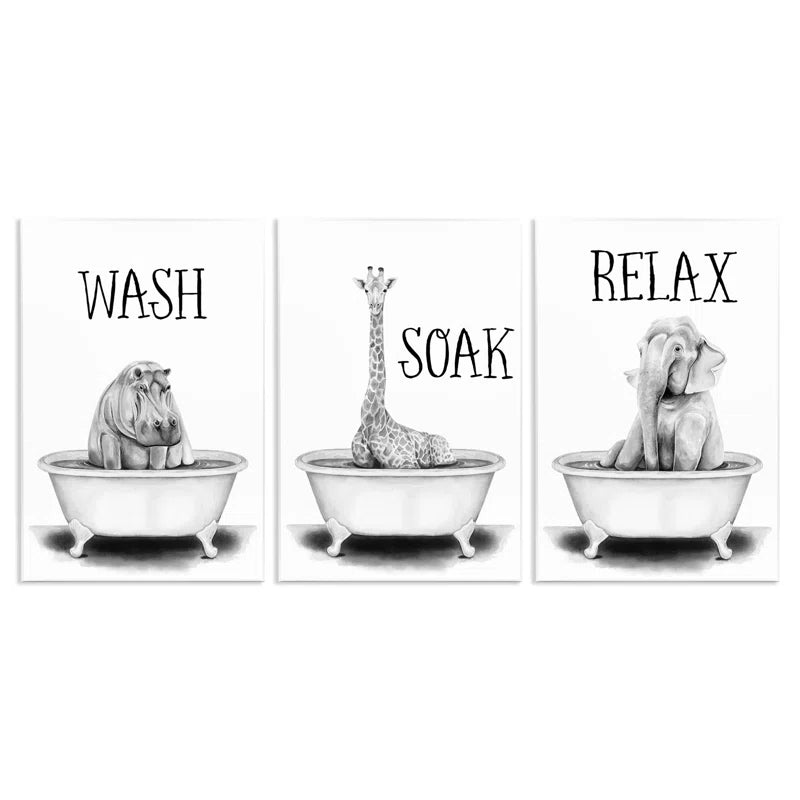 Wash Soak Relax Jungle Animals 3 Piece Wall Plaque Art Set by Rachel Nieman