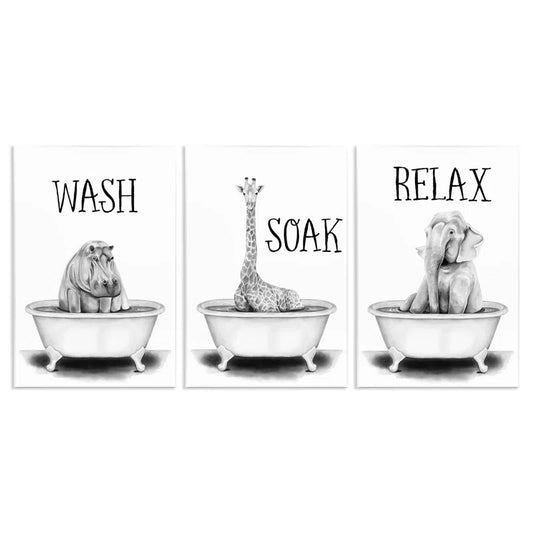 Wash Soak Relax Jungle Animals 3 Piece Wall Plaque Art Set by Rachel Nieman