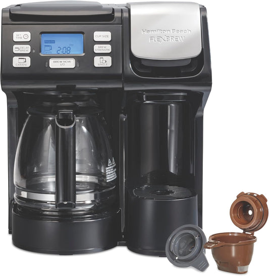 Hamilton Beach FlexBrew Trio Coffee Maker, Single Serve Pod & Grounds + 12 Cup Drip Coffee Maker, Fast Brewing, Programmable, 56 oz Removable Reservoir, Black (49902G)