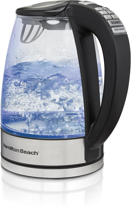 Hamilton Beach Variable Temperature Glass Electric Kettle, 1.7 L, 1500W, 6 Presets, Keep Warm, Cordless, Auto Shutoff & Boil-Dry Protection, LED Indicator (40941C)